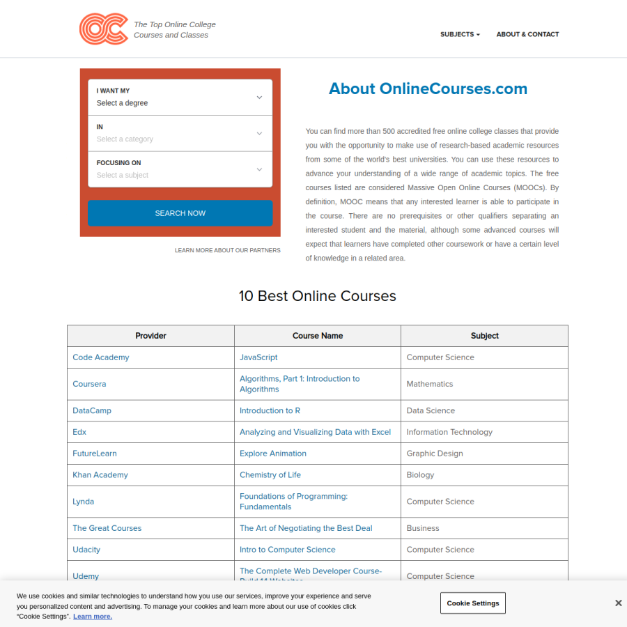 onlinecourses.com homepage screenshot