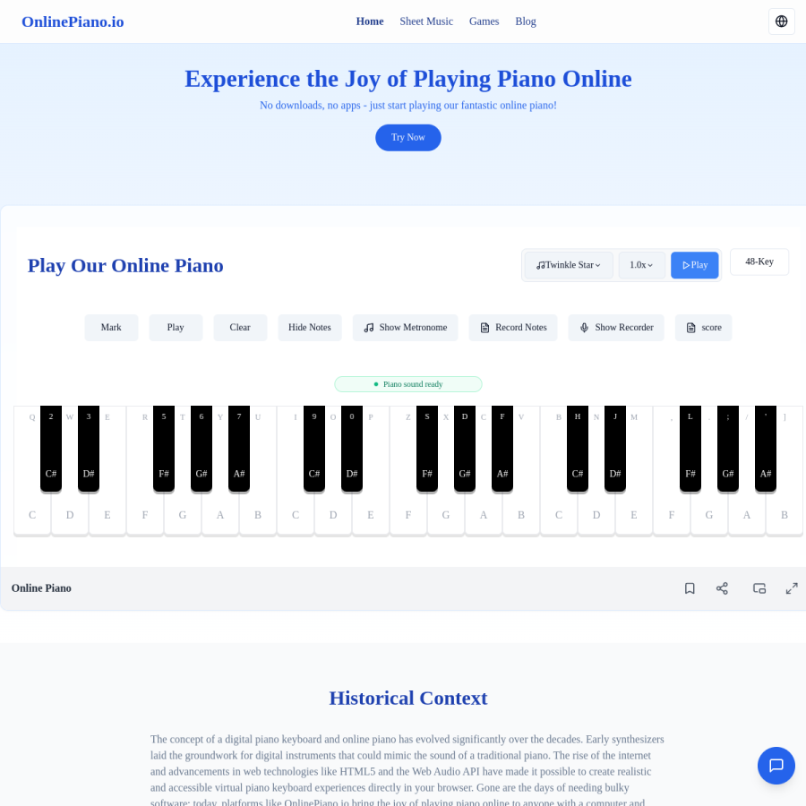 onlinepiano.io homepage screenshot