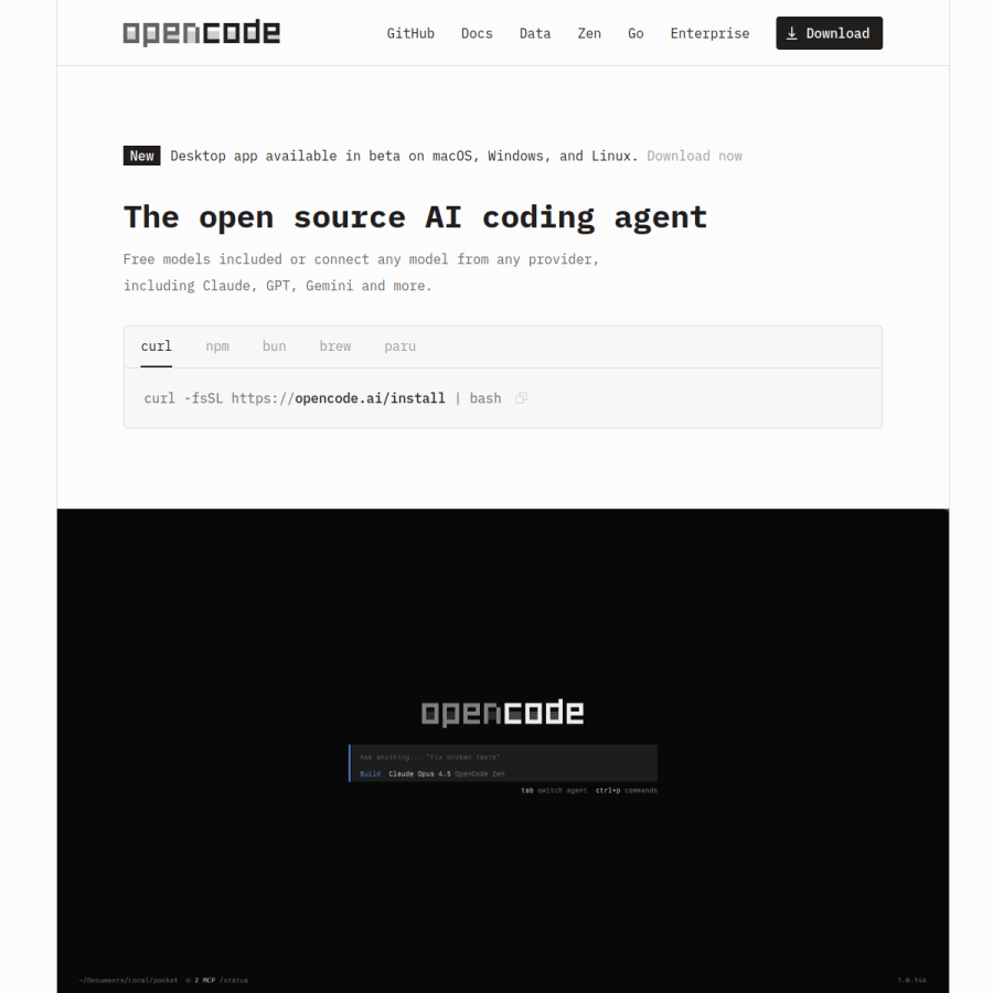 opencode.ai homepage screenshot