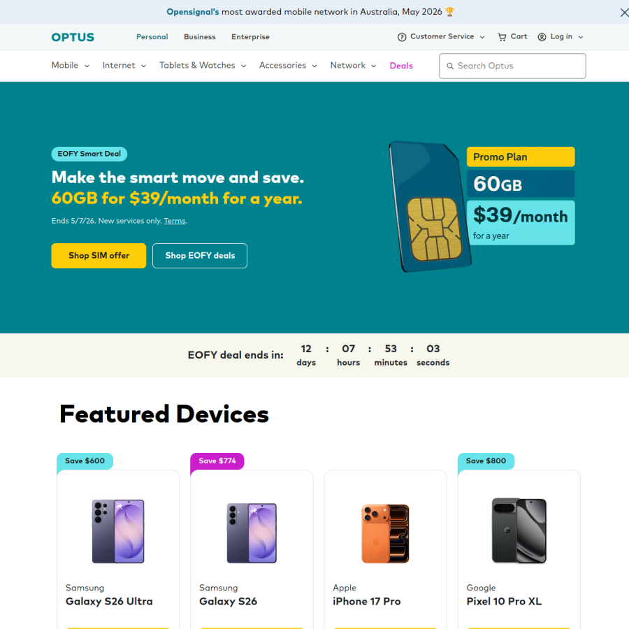 optus.com.au homepage screenshot