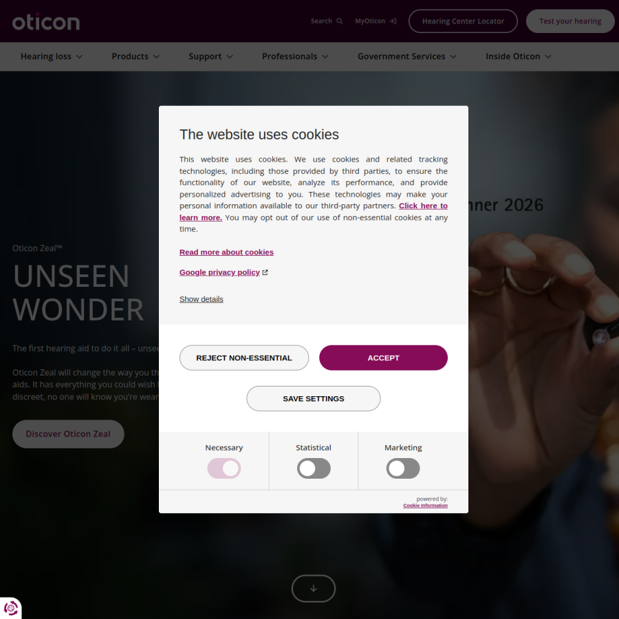 oticon.com homepage screenshot