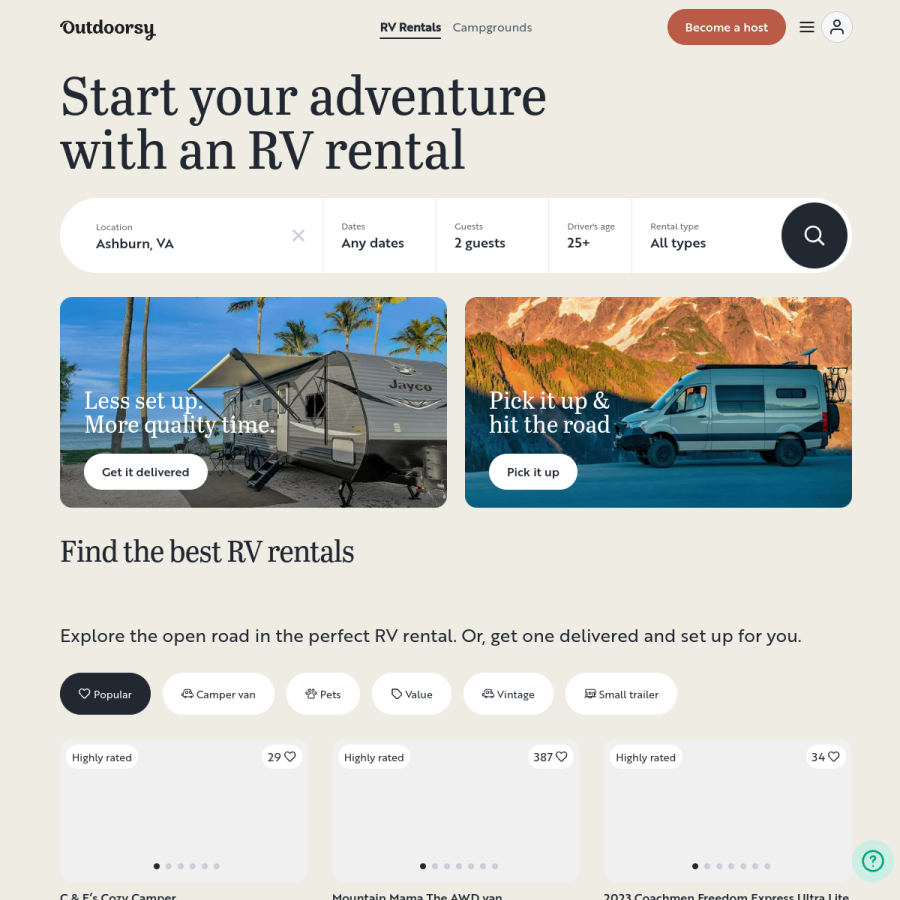 outdoorsy.com homepage screenshot