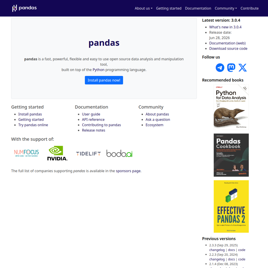 pandas.pydata.org homepage screenshot