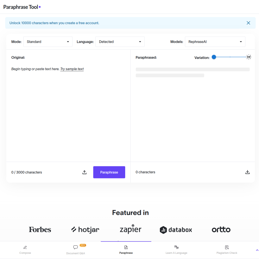 paraphrasetool.com homepage screenshot