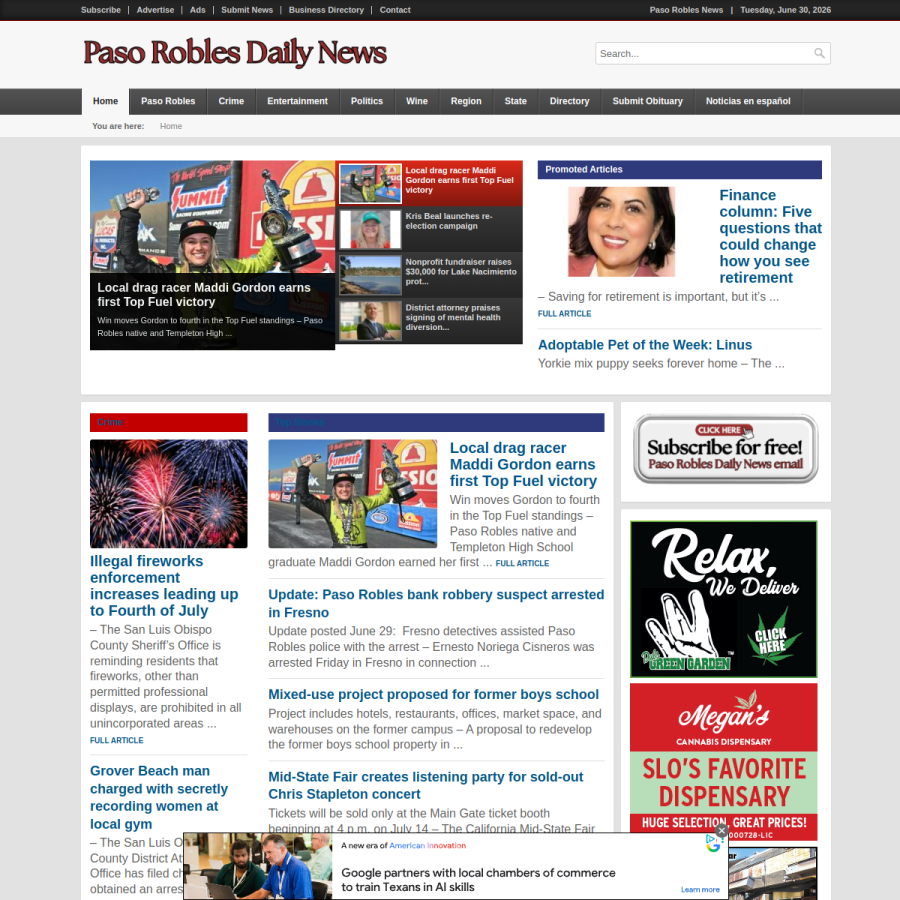 pasoroblesdailynews.com homepage screenshot