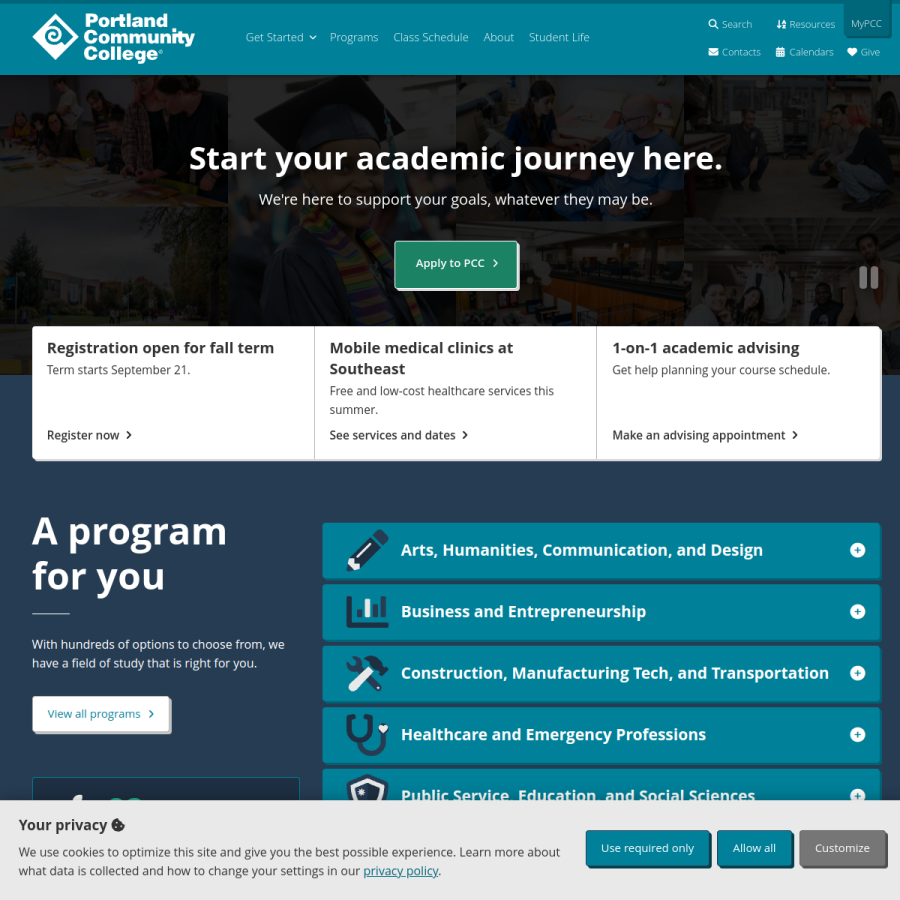 pcc.edu homepage screenshot