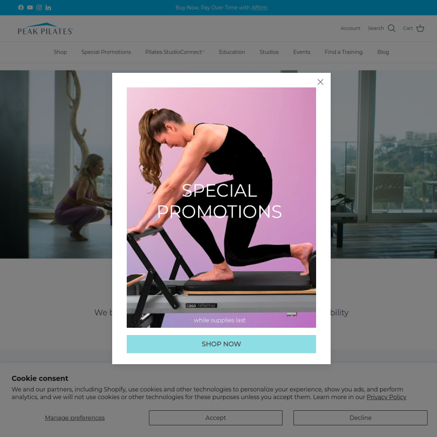 peakpilates.com homepage screenshot