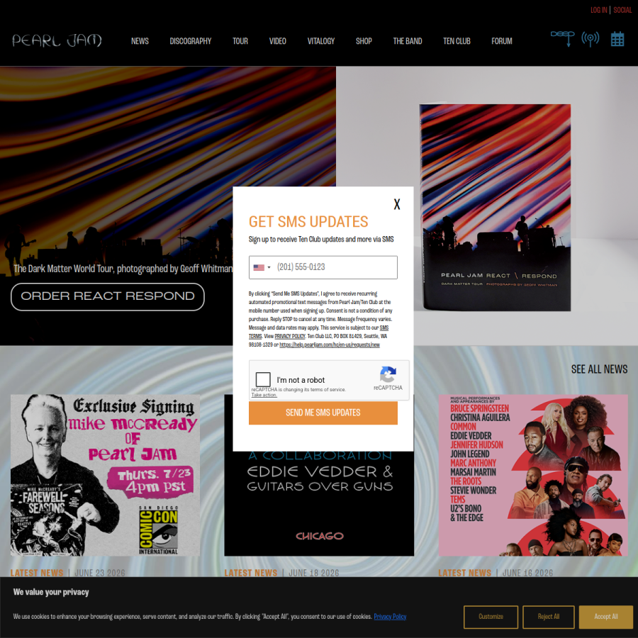 pearljam.com homepage screenshot