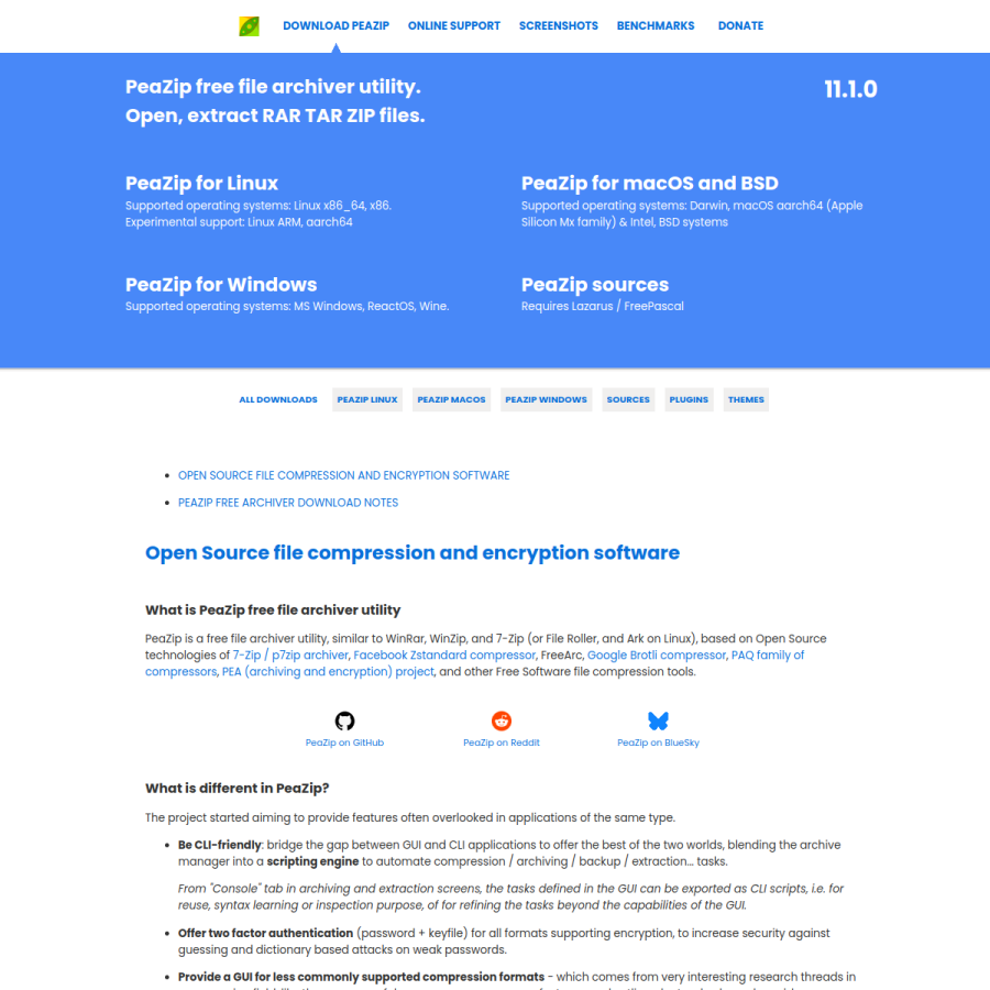 peazip.github.io homepage screenshot