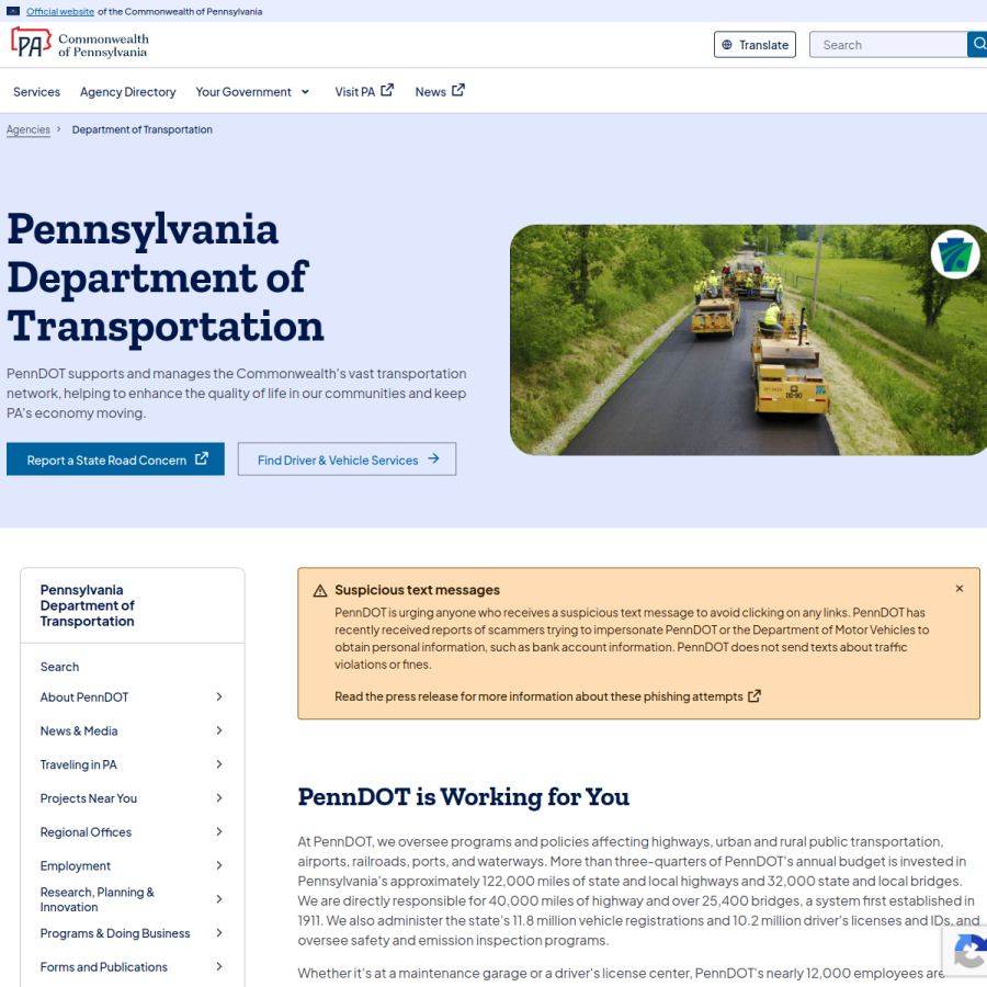 penndot.gov homepage screenshot