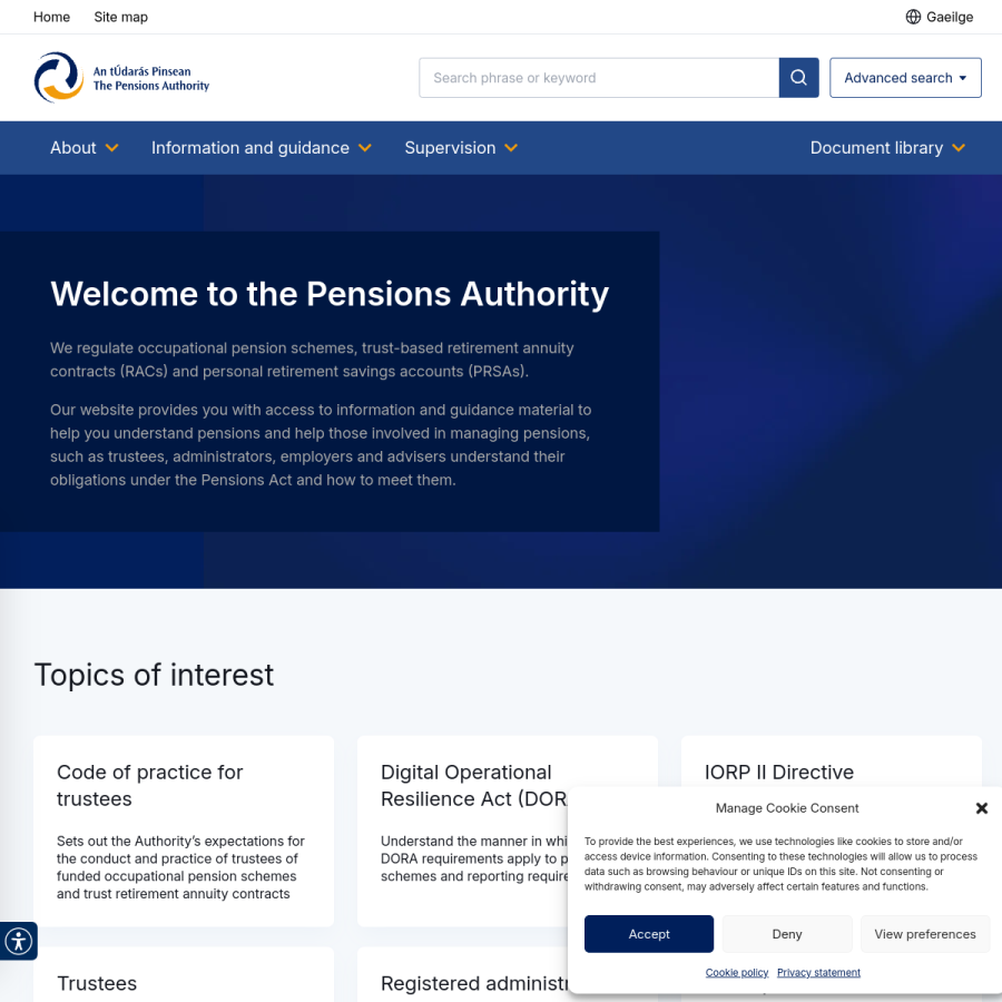 pensionsauthority.ie homepage screenshot