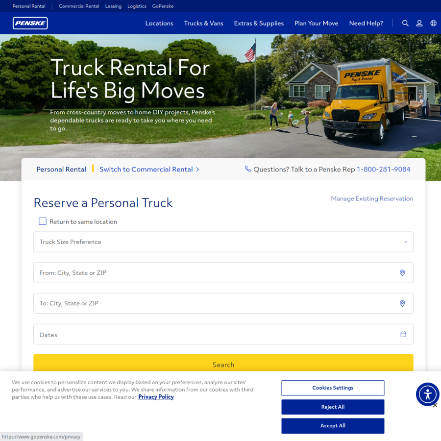 pensketruckrental.com homepage screenshot