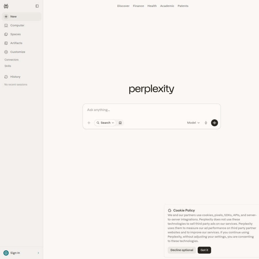 perplexity.ai homepage screenshot