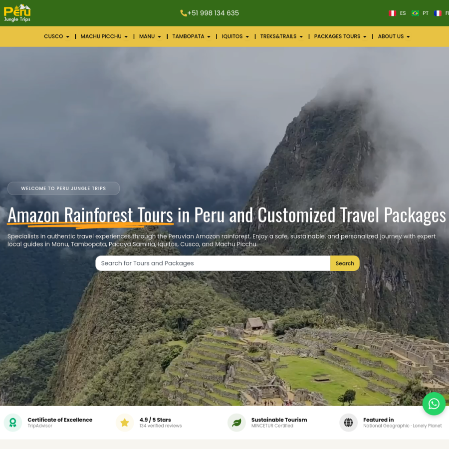 perujungletrips.com homepage screenshot
