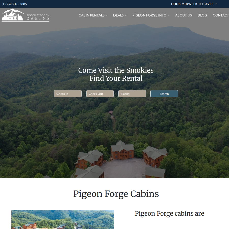 pigeonforgetncabins.com homepage screenshot