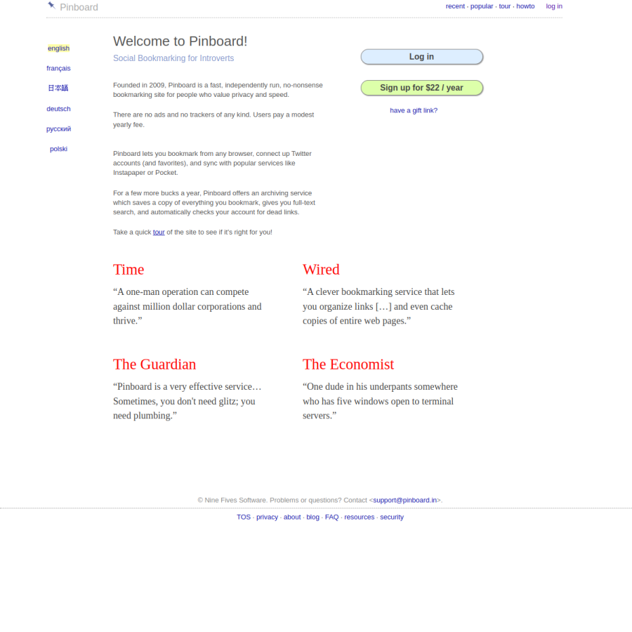 pinboard.in homepage screenshot