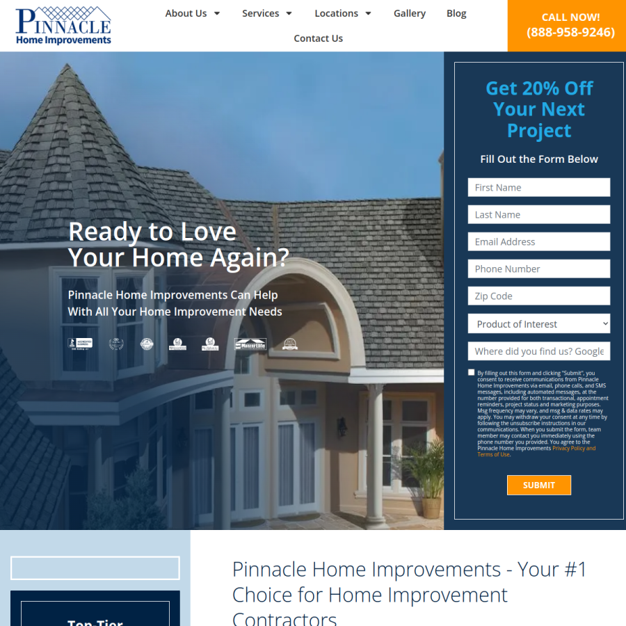 pinnaclehomeimprovements.com homepage screenshot