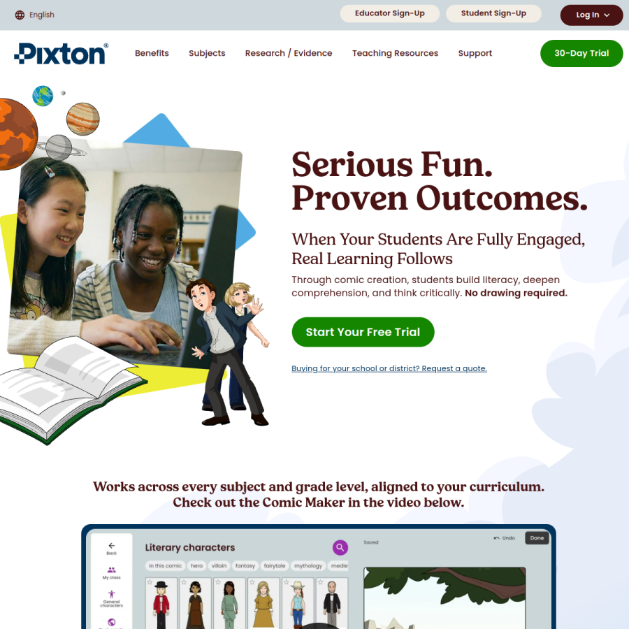pixton.com homepage screenshot