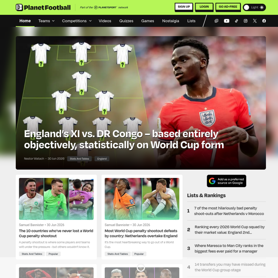 planetfootball.com homepage screenshot