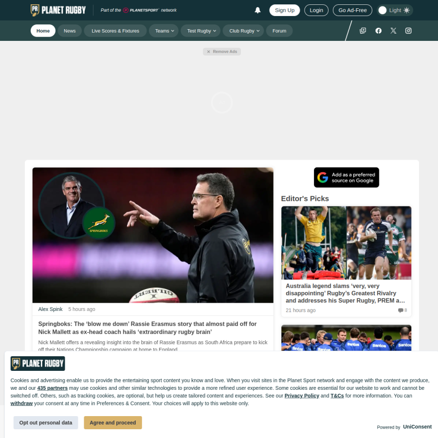 planetrugby.com homepage screenshot