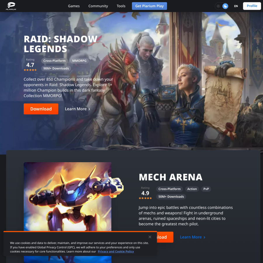 plarium.com homepage screenshot