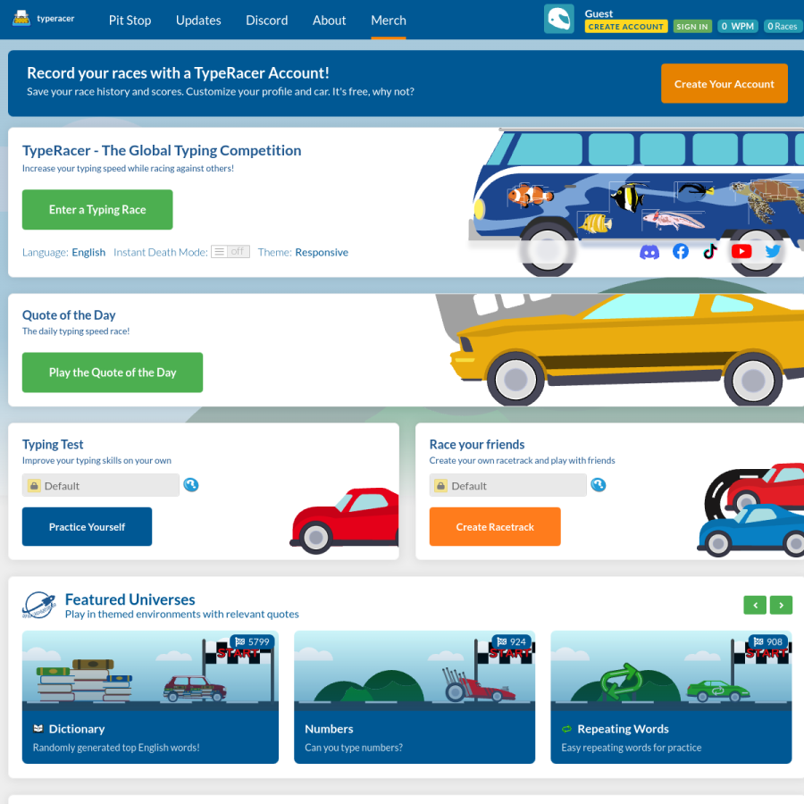 play.typeracer.com homepage screenshot