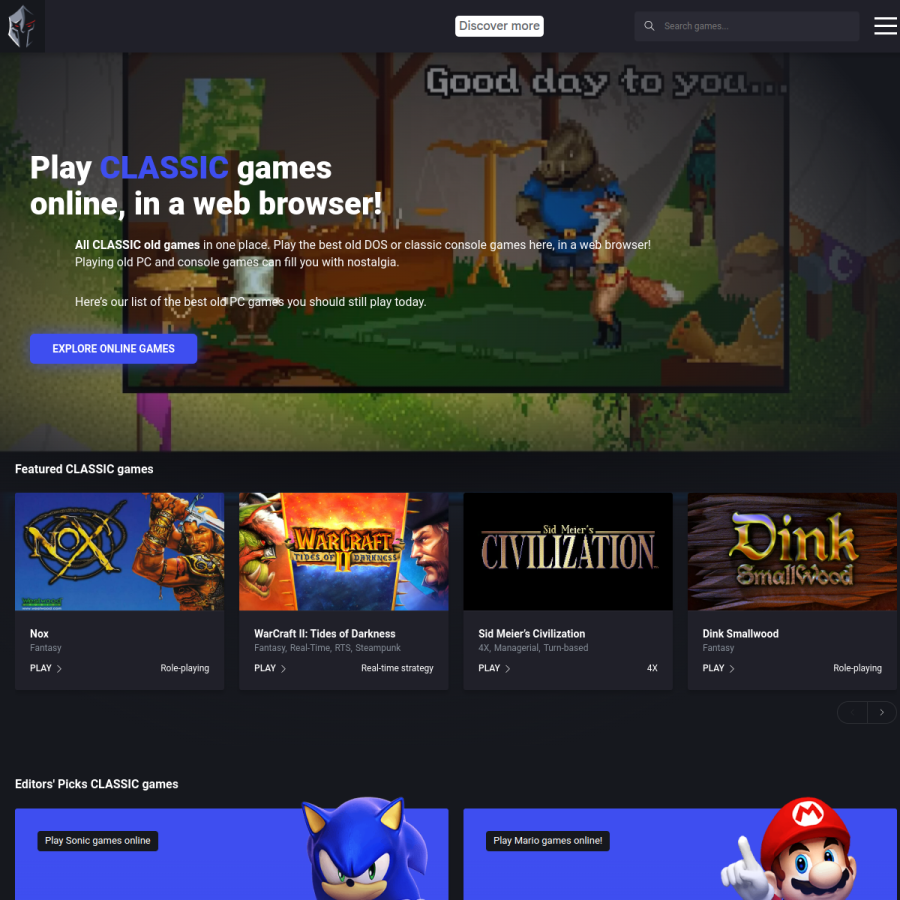 playclassic.games homepage screenshot