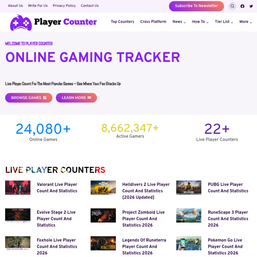 playercounter.com homepage screenshot