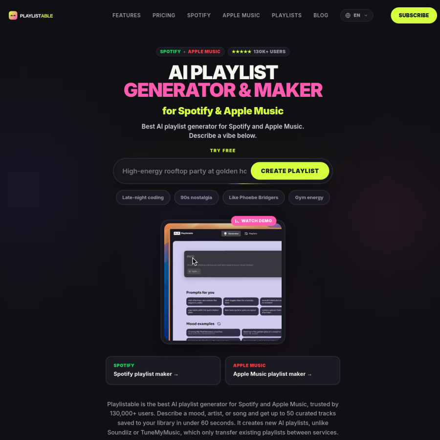 playlistable.io homepage screenshot