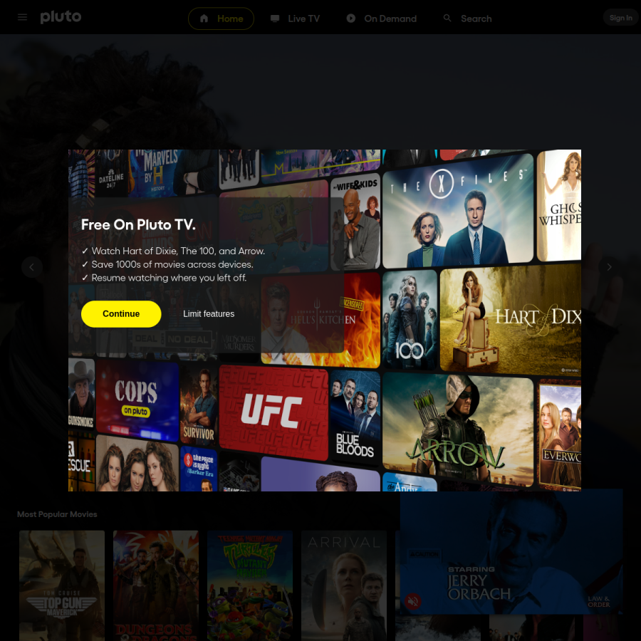 pluto.tv homepage screenshot