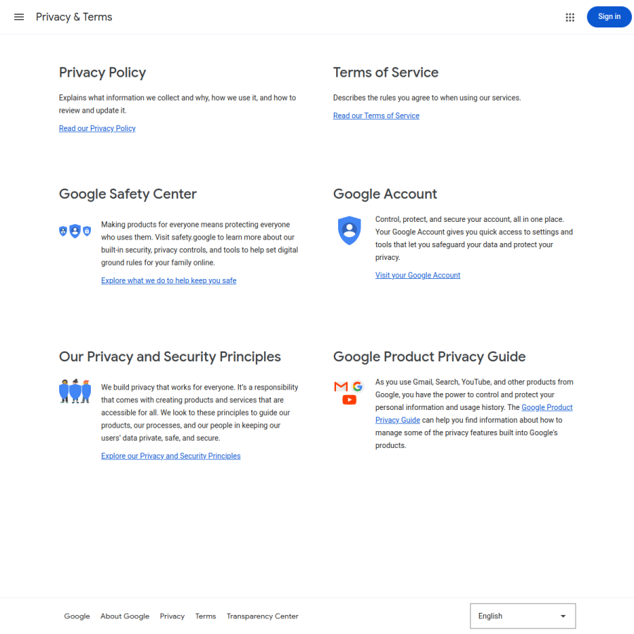 policies.google.com homepage screenshot