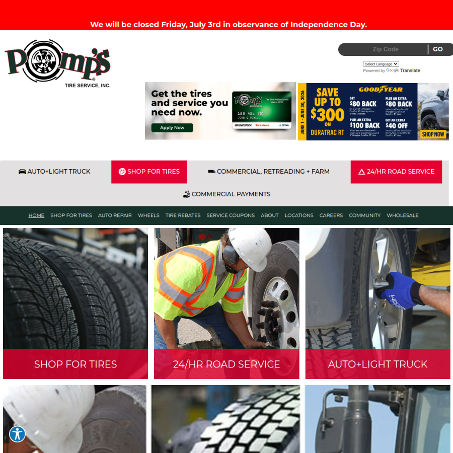 pompstire.com homepage screenshot