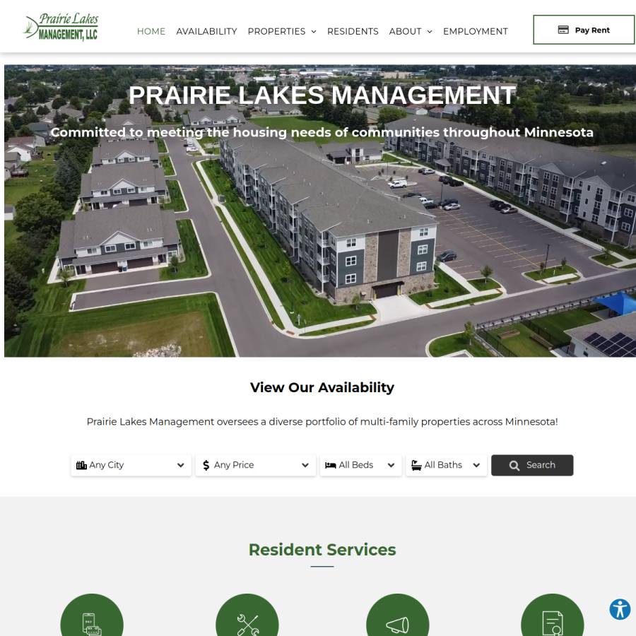 prairielakesmanagement.com homepage screenshot