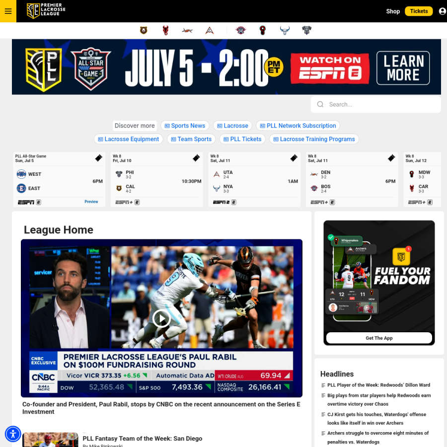 premierlacrosseleague.com homepage screenshot