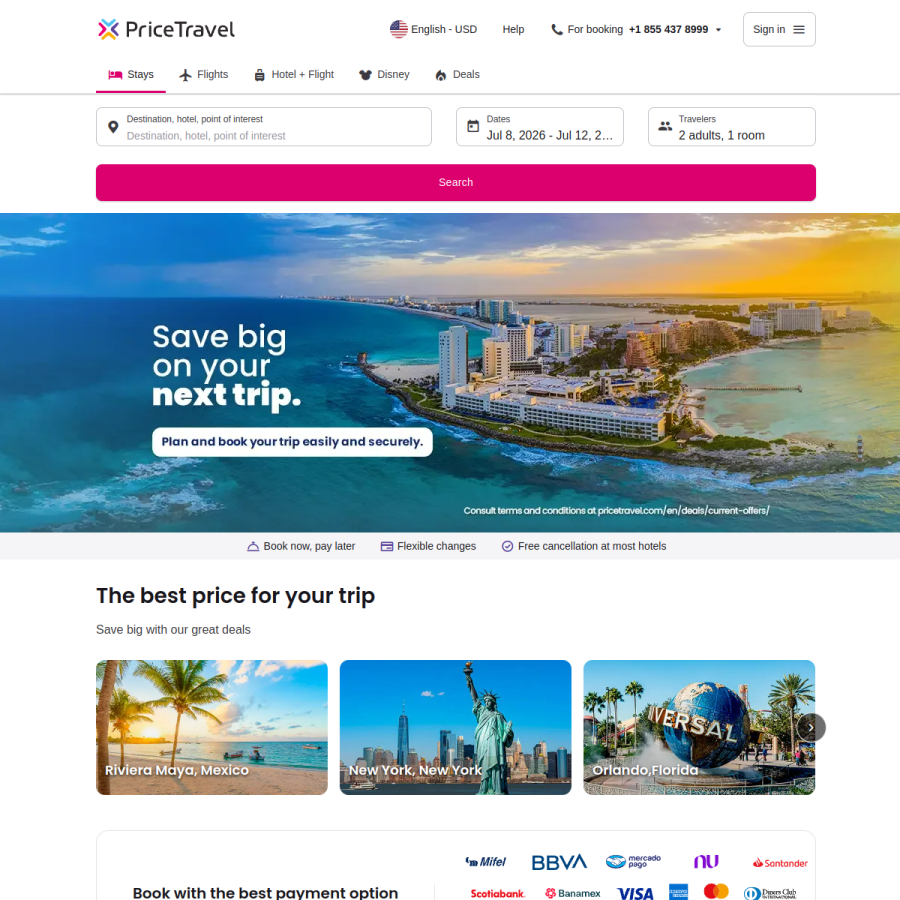 pricetravel.com homepage screenshot