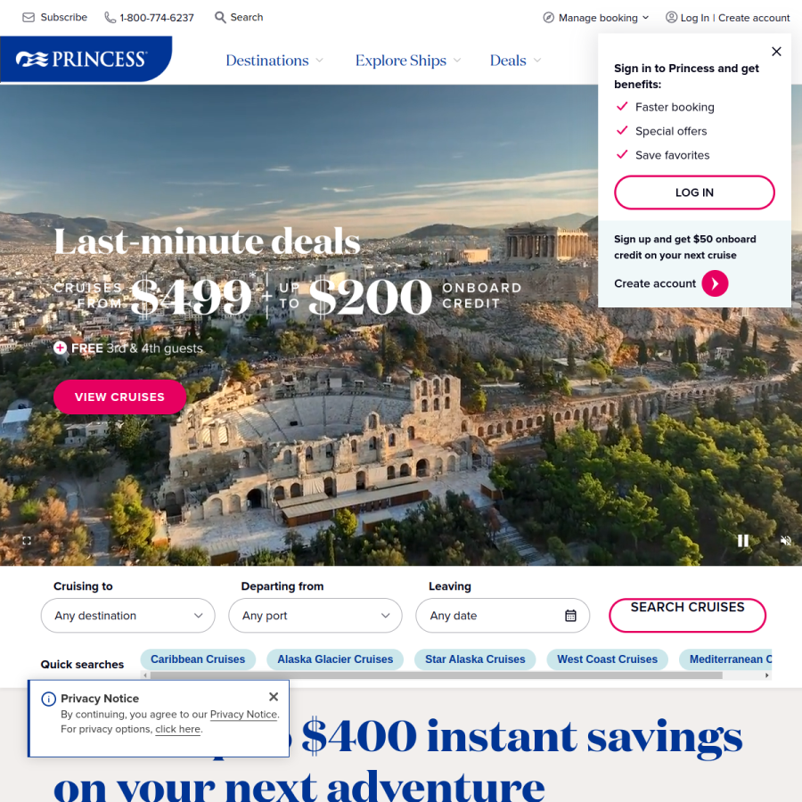 princess.com homepage screenshot
