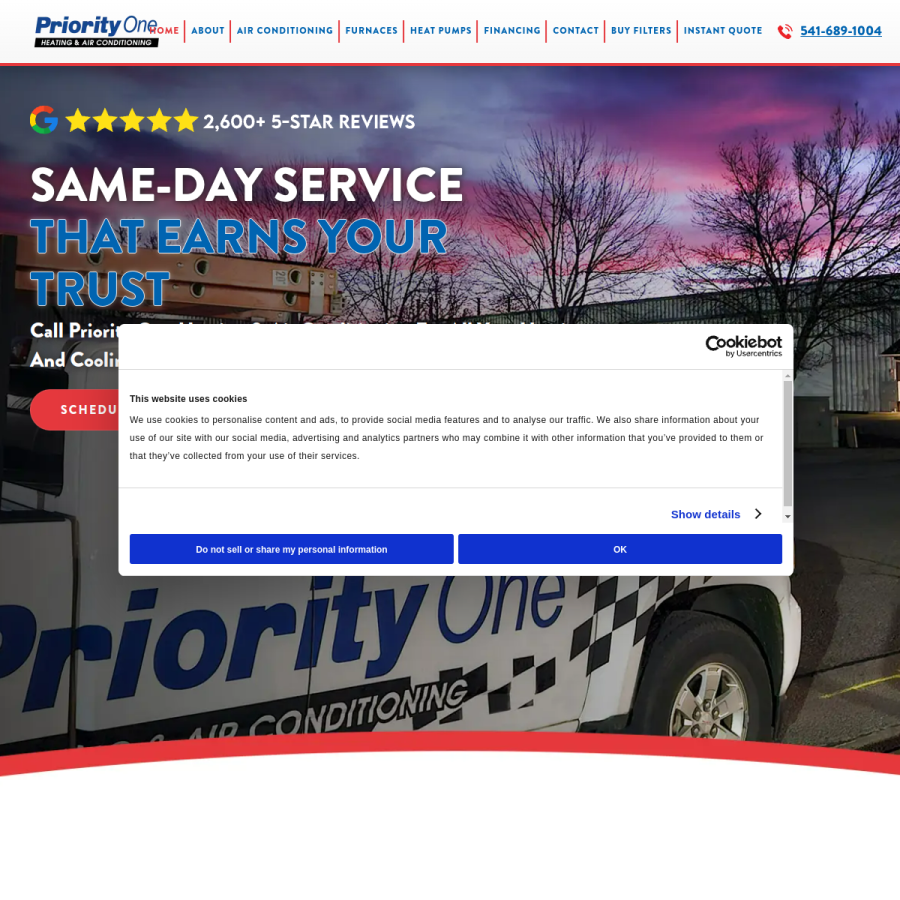 priorityoneheating.com homepage screenshot
