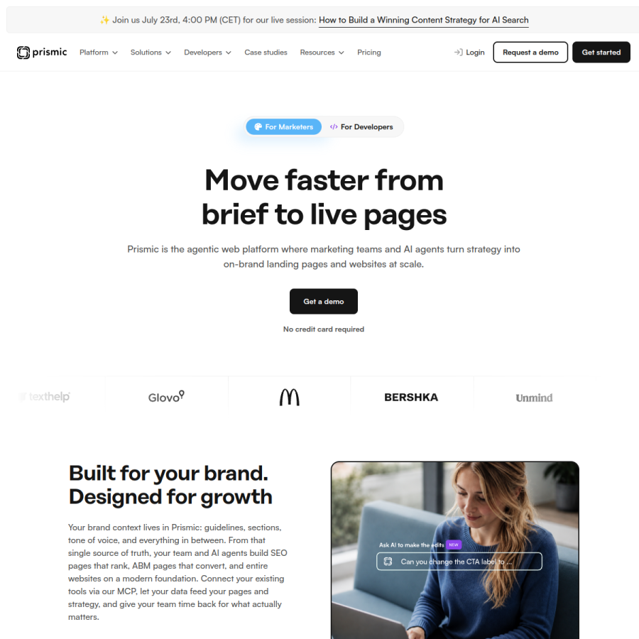 prismic.io homepage screenshot
