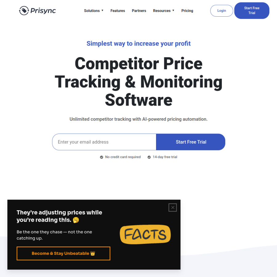 prisync.com homepage screenshot