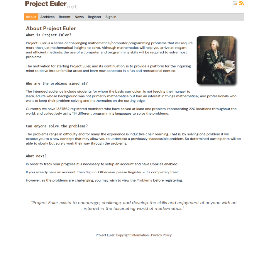 projecteuler.net homepage screenshot