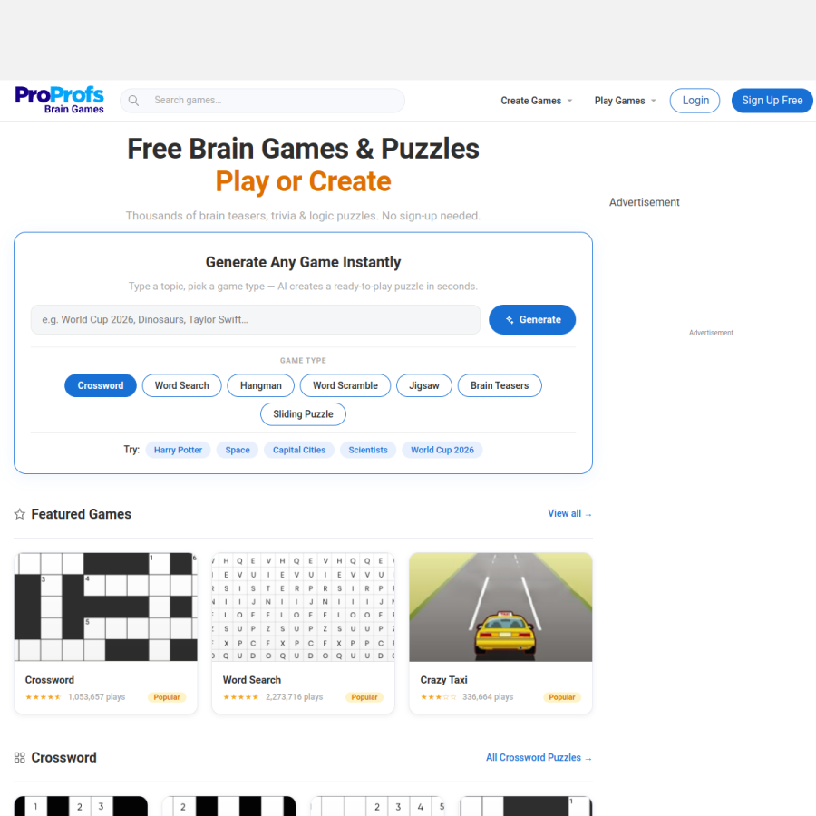 proprofsgames.com homepage screenshot