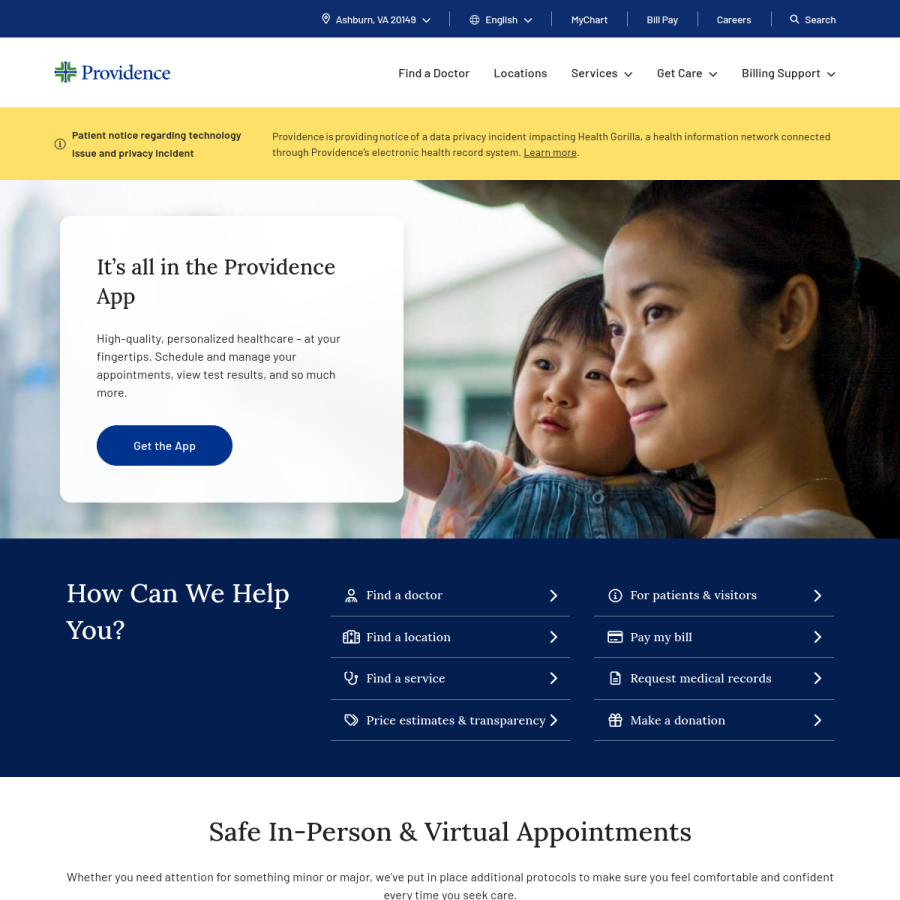 providence.org homepage screenshot