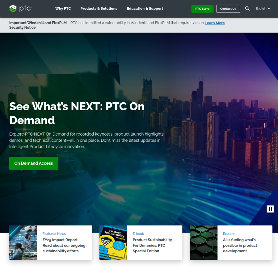 ptc.com homepage screenshot