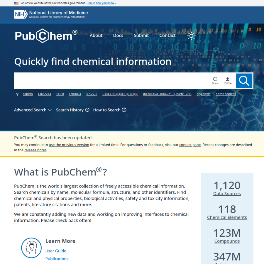 pubchem.ncbi.nlm.nih.gov homepage screenshot