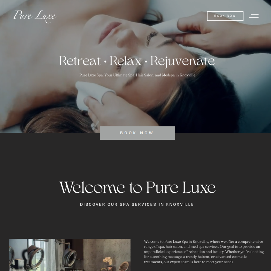 pureluxespa.com homepage screenshot