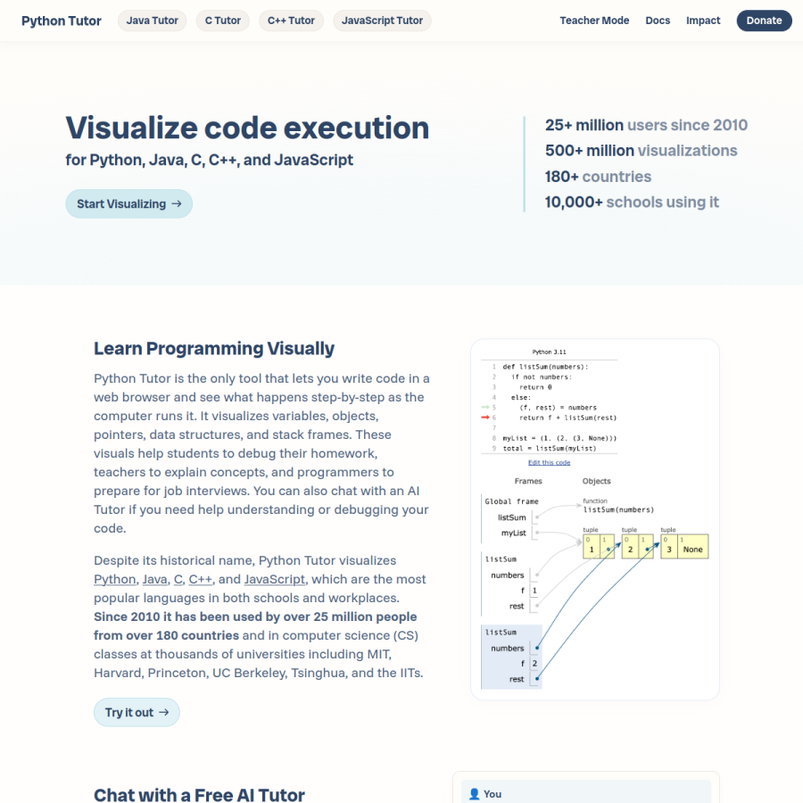 pythontutor.com homepage screenshot