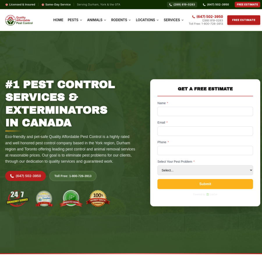 qualityaffordablepestcontrol.ca homepage screenshot