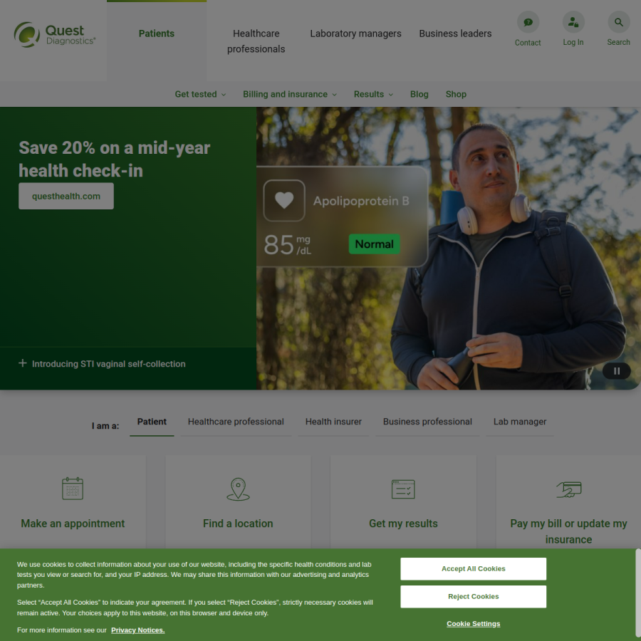 questdiagnostics.com homepage screenshot