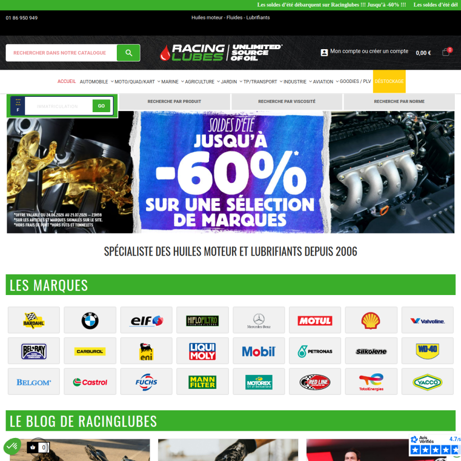 racinglubes.fr homepage screenshot