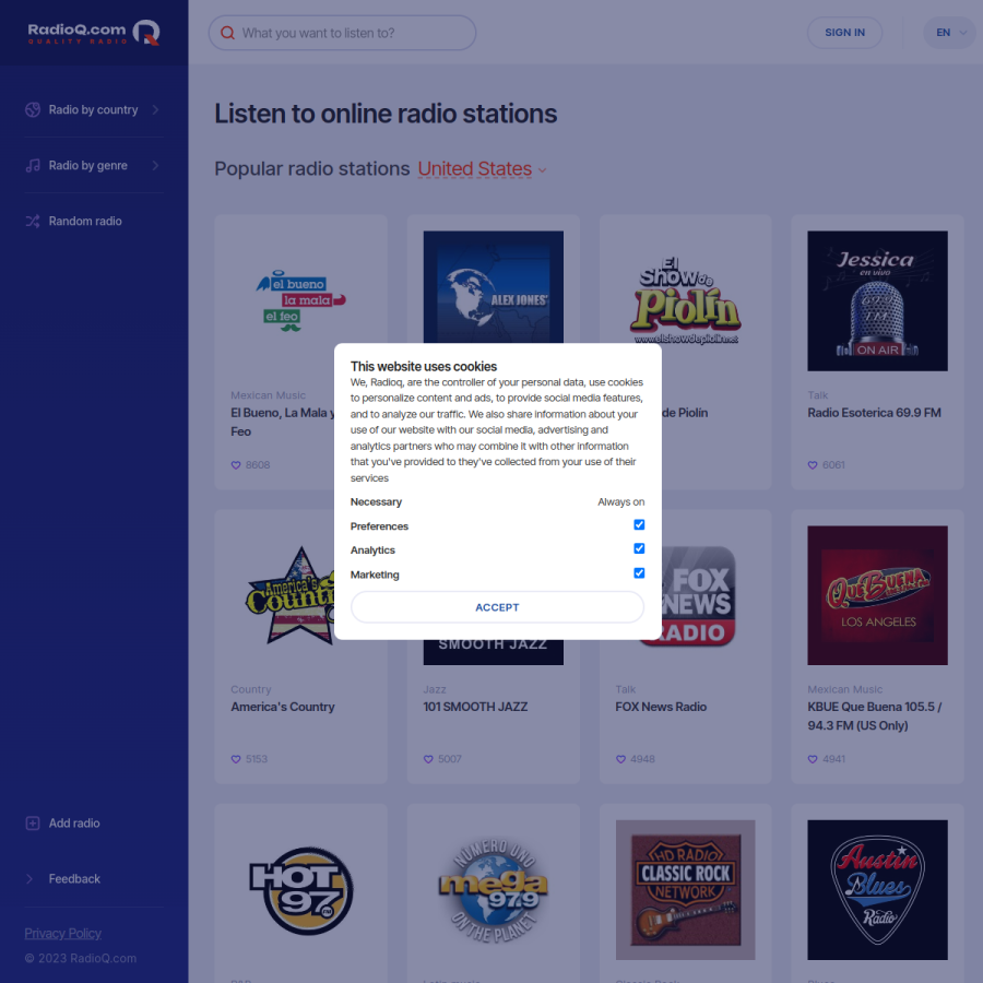 radioq.com homepage screenshot